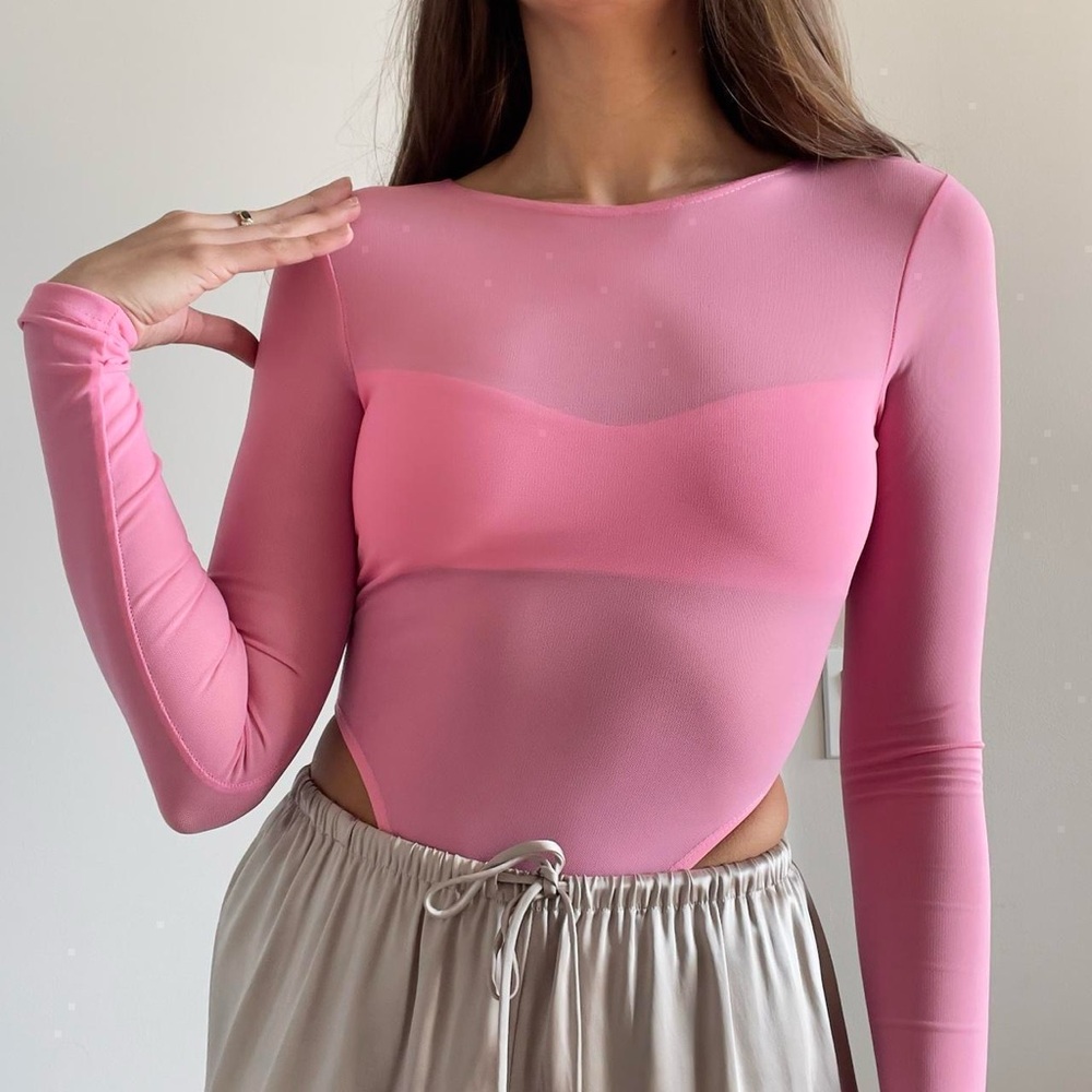 Meshki | Bubblegum Pink Mesh Long-Sleeve High Leg Bodysuit With Badeau | Size XS